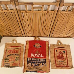 Burlap Rice Bags Lot of 3 Royal Deer India Gate Upcycle Craft Farmhouse Boho